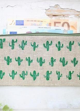 Льняний гаманець "кактуси" з двома відділеннями для купюр і одним для карток