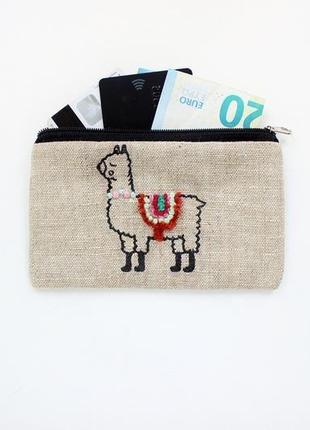 Льняной кошелек для мелочи с вышивкой и рисунком "лама"
