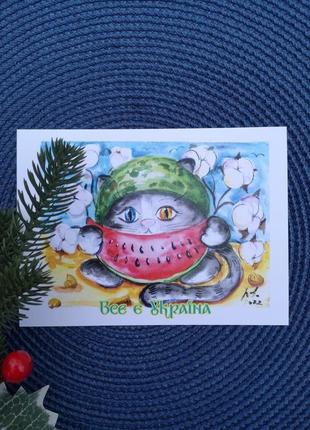 Открытка рождественская новый год, открытка авторская "котики и хлопок"4 фото