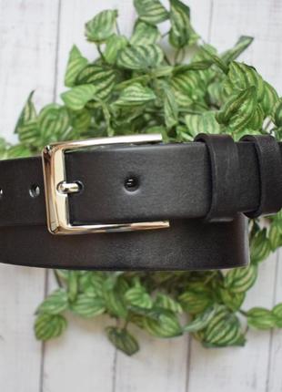 Ремень кожаный мужской классический брючный черный базовый с серебряной пряжкой для брюк2 фото