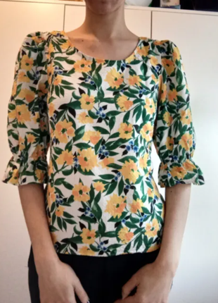 Натуральная блуза топ в цветочный принт с объемными рукавами 22/56-58 размер7 фото