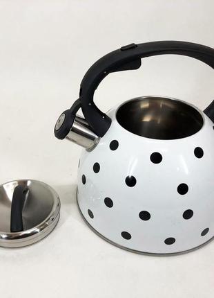 Чайник із свистком для газової плити unique un-5301 2,5л горошок, чайники для плит. колір: білий2 фото