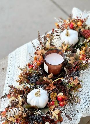 Осенняя композиция с тыквами и свечей. осенний декор2 фото