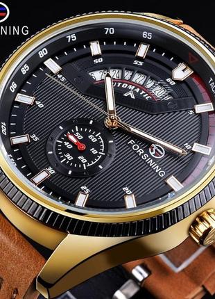 Механічний чоловічий коричневий наручний годинник forsining gmt1218-2 original5 фото