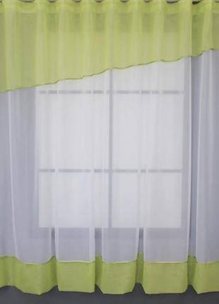 Гардина на кухню (280х170см) з шифону. колір білий з світло-оливковим