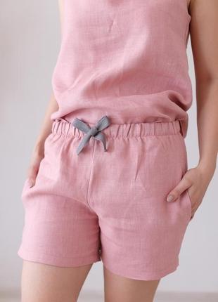 Розовая пижама, шорты и топ из льна3 фото