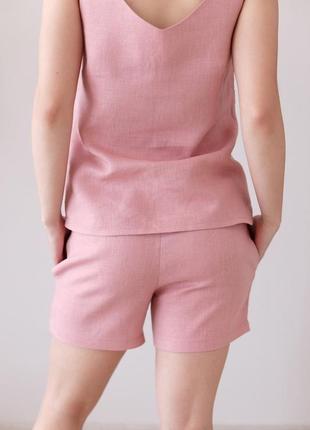 Розовая пижама, шорты и топ из льна4 фото