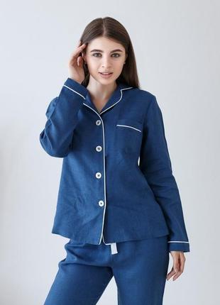 Льняная пижама с кантом в синем оттенке5 фото