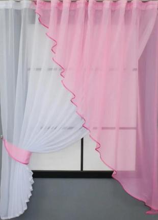 Комплект кухонних штор (280х170см) шифон. колір рожевий з білим