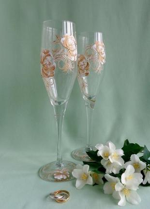 Свадебные бокалы с  росписью "золотистый пион фионы"