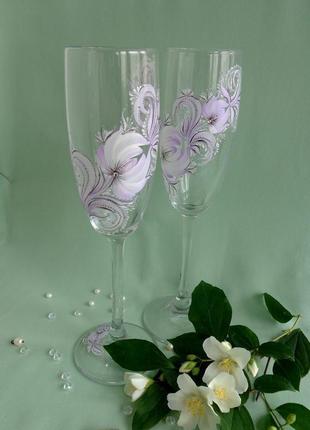 Весільні келихи з розписом "бузковий тюльпан"4 фото