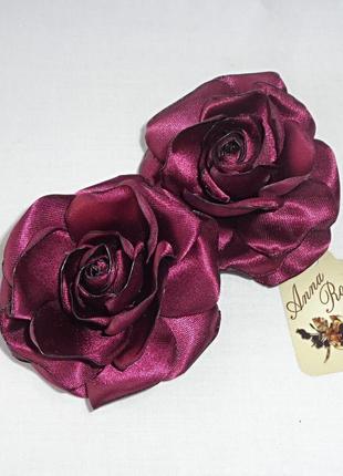 Заколка-уточка с цветком из ткани "роза цвета марсала"