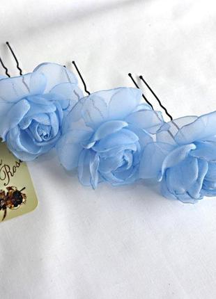Шпильки для волос  из текстиля голубые розы2 фото