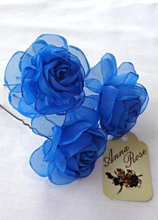 Шпильки для волос  из ткани "синяя чайная роза"