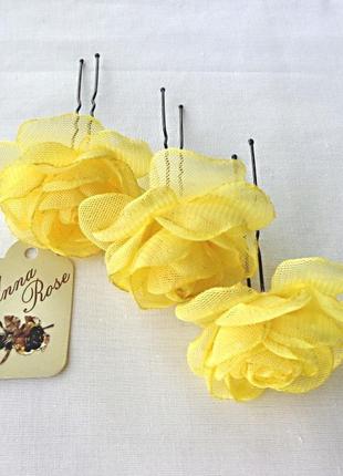 Шпильки для волосся з квітами з тканини"чайна жовта троянда"3 фото