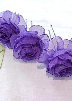 Шпильки для волосся з квітами з тканини "бузкова чайна троянда"2 фото
