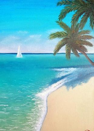Картина маслом, океан, пальмы, парусник1 фото