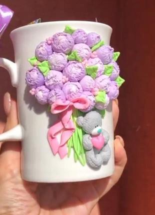 Чашка с пионами и тедди , чашка с декором , чашка на 8 марта, чашка с цветами3 фото