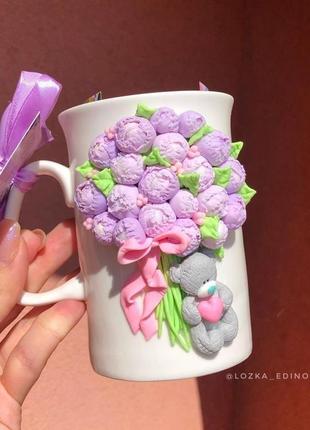 Чашка с пионами и тедди , чашка с декором , чашка на 8 марта, чашка с цветами2 фото