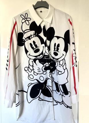 Женская блузка-рубашка  рисунком микки маус с камнями
