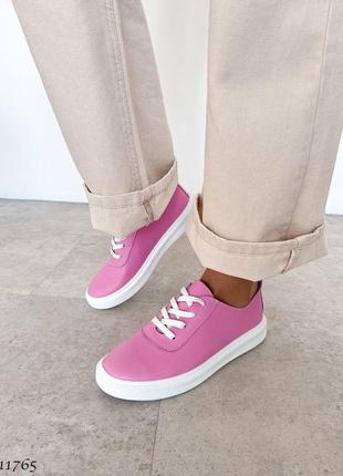 Розовые натуральные кожаные кроссовки кеды мокасины на шнурках толстой белой подошве кожа барби