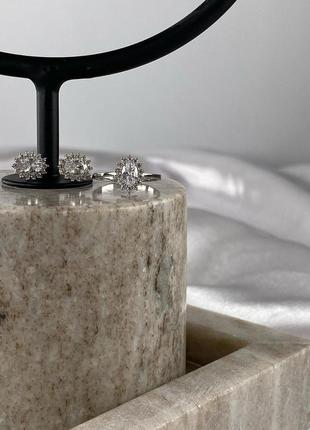 🇺🇦 набор пусеты и кольцо серебро 925° покрытие родий, вставка куб.цирконииии, гвоздики серьги гвоздики увертка 0694.10р