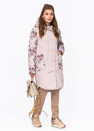 Стильная женская демисезонная куртка с цветочным принтом бежевая, голубая