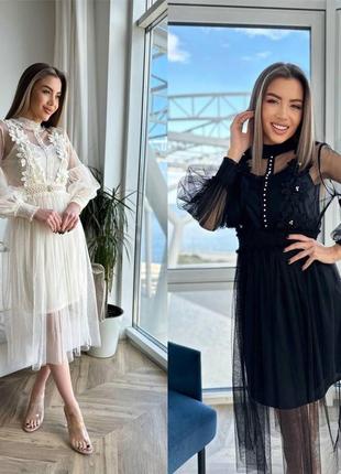 Женское нарядное ажурное платье с прозрачными рукавами