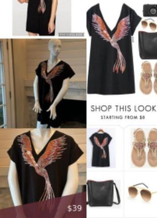 Zara стильне чорне коротке плаття з принтом птиці v-подібним вирізом і короткими рукавами9 фото