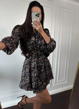 Сукня жатий шовк з гудзиками клеш чорна в квіти8 фото