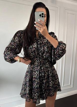Сукня жатий шовк з гудзиками клеш чорна в квіти6 фото