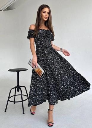 Платье сарафан в цветочный принт открытые плечи