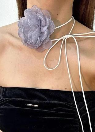 Чокер шнурок на шею роза тканый шифоновый цветок света бежевая пояс1 фото