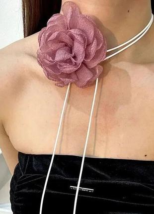 Чокер шнурок на шию троянда тканева шифонова квітка світла бежева пояс