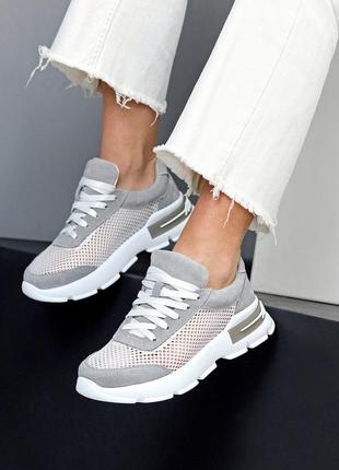 Сірі білі літні комбіновані кросівки натуральна замша з текстильною сіткою10 фото