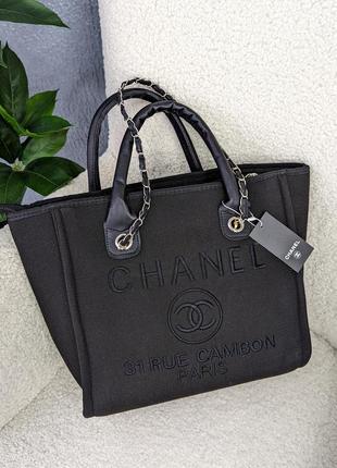 Сумка женская шопер chanel deauville large шанель черный + черные буквы