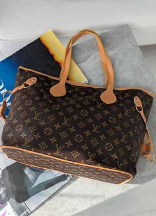 Сумка жіноча louis vuitton коричневий + беж ручки шопер луї віттон3 фото