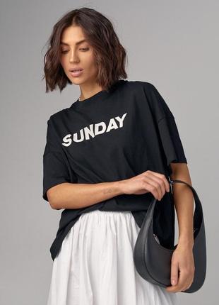 Хлопковая базовая женская футболка oversize с надписью sunday черная