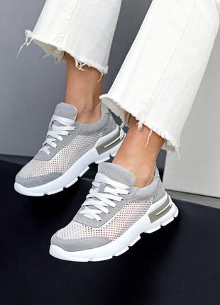 Сірі білі літні комбіновані кросівки натуральна замша з текстильною сіткою 212299 фото