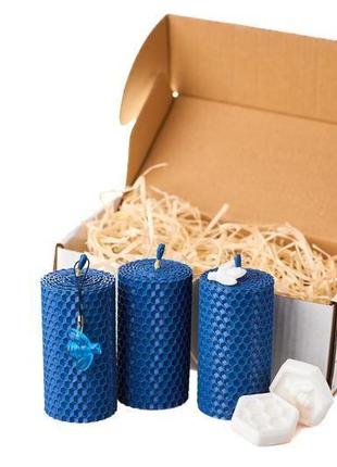 Натуральні свічки з вощини синьго кольору, 3 сині свічки та мило в наборі для подарку та декору4 фото