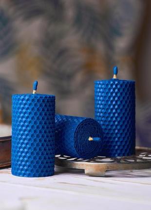Натуральні свічки з вощини синьго кольору, 3 сині свічки та мило в наборі для подарку та декору2 фото