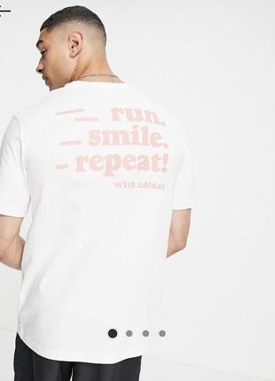Adidas running t-shirt with run smile repeat back print in white