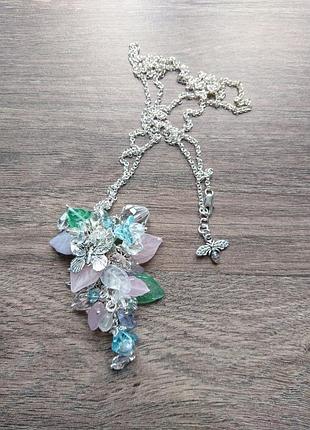 Кулон льод гроно з прозорих скляних намистин з листочками, квітами на ланцюжку