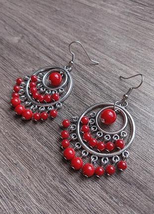 Этнические украинские красные крупные объемные серьги под коралл вышиванку цвет серебро