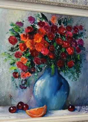 Натюрморт яркие цветы, оргалит, размер 30х30см8 фото
