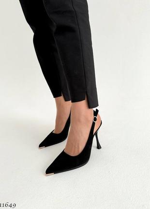Элегантные туфельки с открытой пяточкой черные на шпильке / туфли на каблуке с острым носком на шпильке5 фото