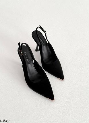 Элегантные туфельки с открытой пяточкой черные на шпильке / туфли на каблуке с острым носком на шпильке4 фото