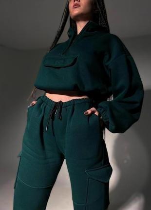 Жіночий спортивний костюм на флісі теплий для повсякдення темно-зелений8 фото
