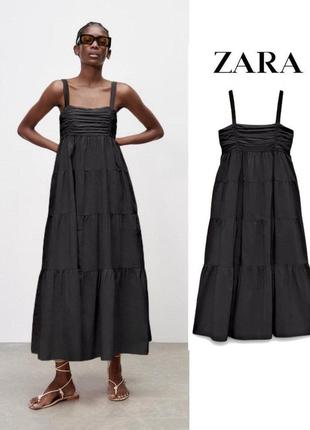 Платье бретели сетка декольте вырез летний натуральный хлопок zara макси рюшка волан легкая клеш платья сарафан по фигуре миди длинная пляжная1 фото