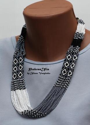 Этно-бусы вышиванка в сером